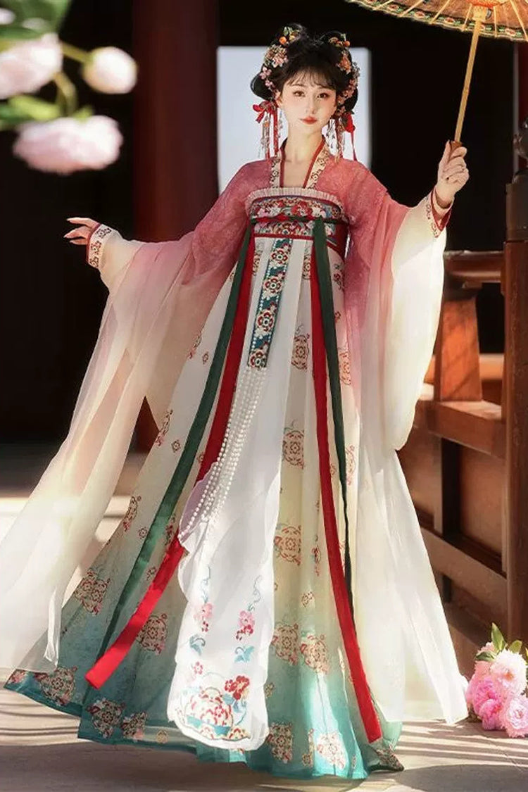 Pink/Blue High Waisted Print Embroidery Women's Classic Hanfu Dress Full Set - Product - 2
