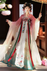 Pink/Blue High Waisted Print Embroidery Women's Classic Hanfu Dress Full Set - Product - 2