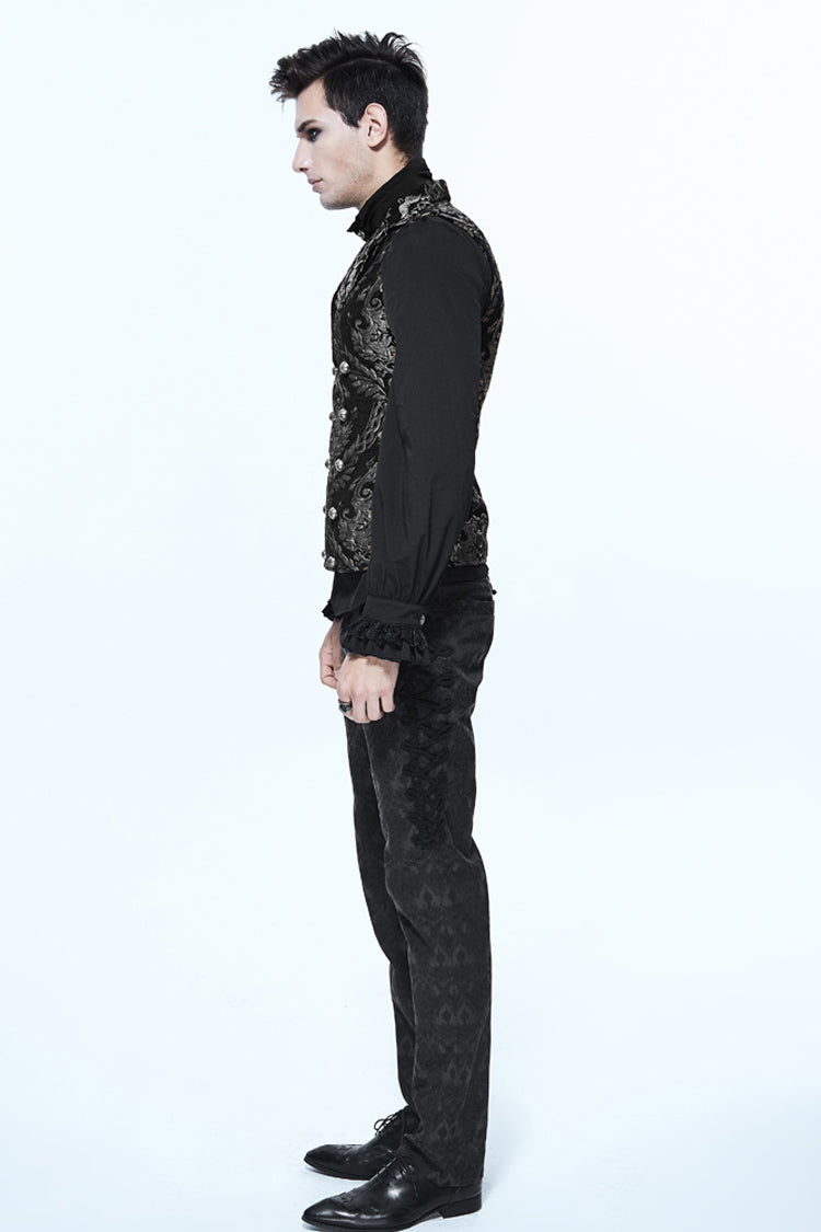 Black/Silver Palace Short Big Jacquard Pattern Men's  Gothic Waistcoat - Product - 7