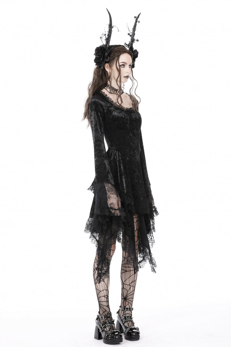 Black Irregular Long Trumpet Sleeves Lace Spliced Women's Gothic Velvet Graduation Dress - Product - 2