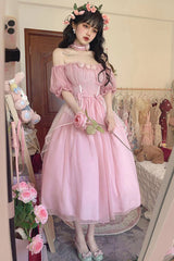 Boat Neck Bubble Short Sleeve Flower Embellished High Waisted Sweet Lolita Dress - Product - 2