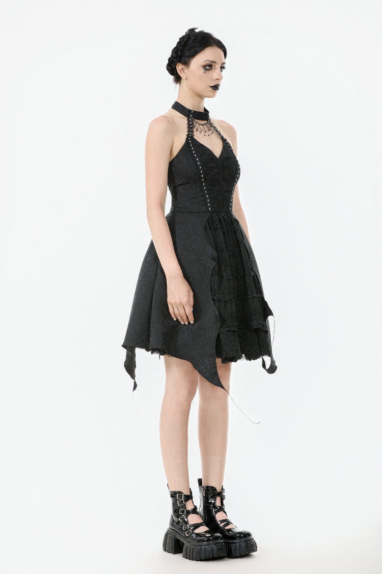 Black Off Shoulder Halterneck Sleeveless Lace Lace-Up Women's Gothic Party Dress - Product - 2