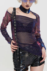 Multi-Color Punk Long Sleeve Mesh Neck Zipper Adjustable Shoulder Straps Asymmetric Women's T-Shirt - Multi-Color - 1