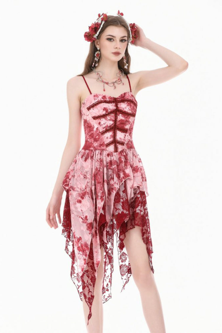 Red/White Multi-Layered Asymmetric Tie-dyed Women's Gothic Slip Dress - Product - 5