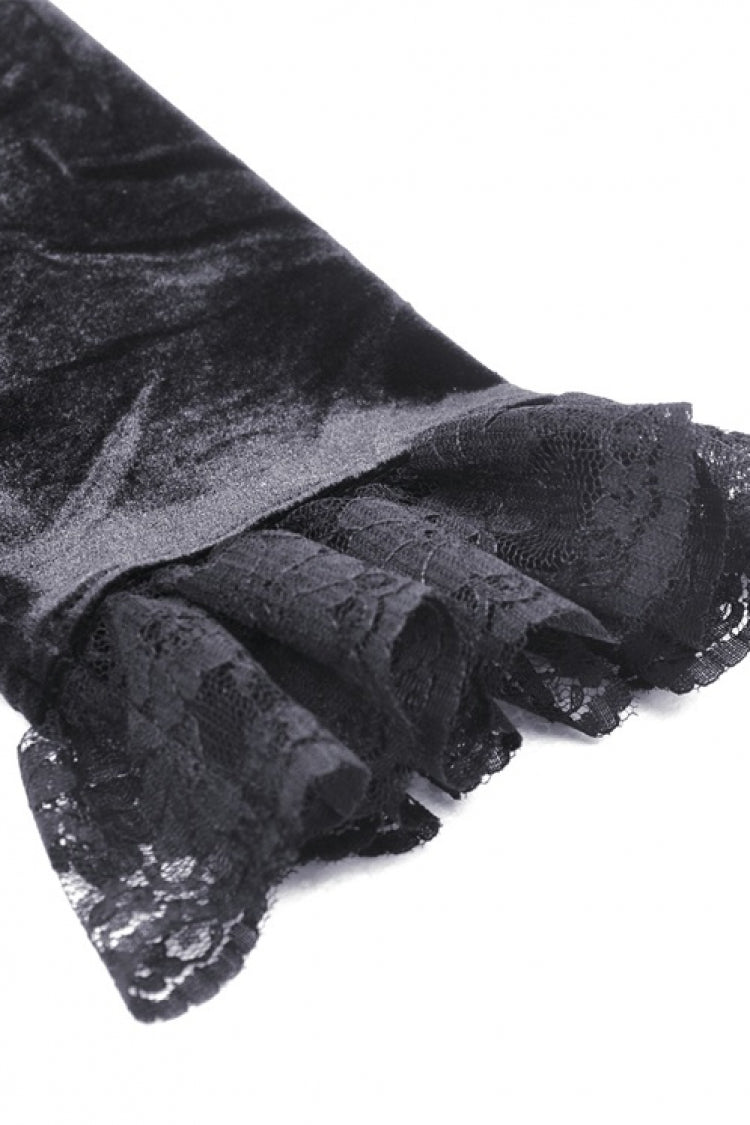 Black Round Collar Long Puff Sleeves Lace Lace-Up Hem High Low Women's Gothic Velvet Wedding Dress - Product - 19