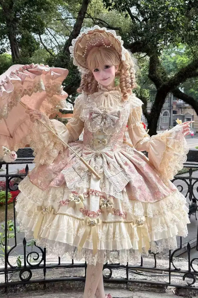 Pink [Gilded Waltz] Square Collar Sleeveless Printed Ruffled Embroidered Bow Lace Gorgeous Sweet Lolita Jsk Dress - Product - 2