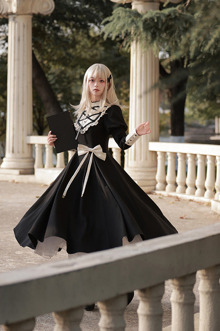 Black Nun Style Stand Collar Long Sleeves Ruffle Bowknot Gothic Elegant Lolita Dress - Product - 5