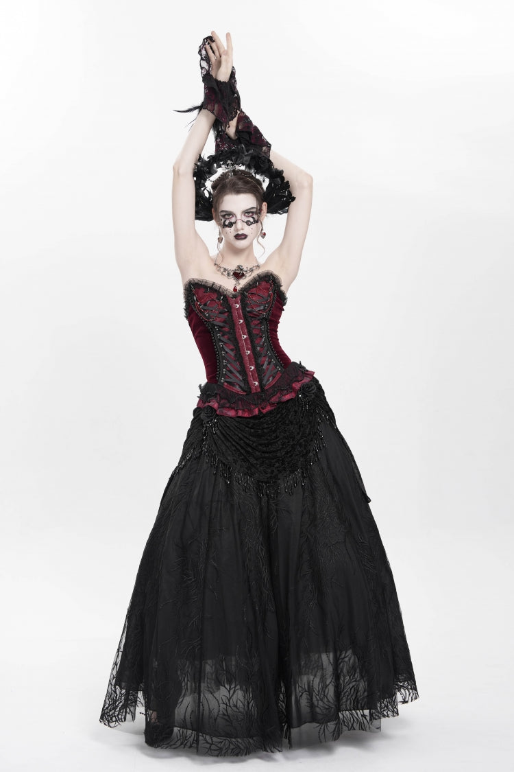 Black Floral Embroidered Beaded Women's Gothic Long Skirt - Product - 9
