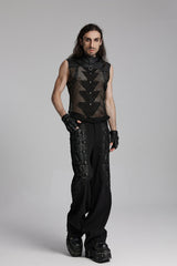 Black Stand Collar Sleeveless Mesh Triangle Eyelets Men's Punk Vest - Product - 5