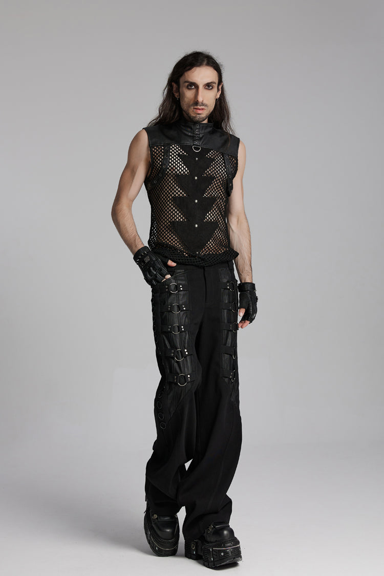 Black Stand Collar Sleeveless Mesh Triangle Eyelets Men's Punk Vest - Product - 5