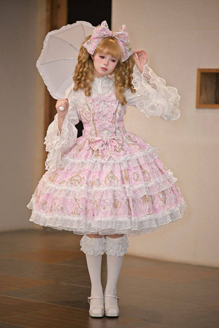 Pink [Candelabrum Elegy] Sleeveless Triple-Layered Flower Wall Printed Ruffled Bow Lace Sweet Lolita Jsk Dress - Product - 5