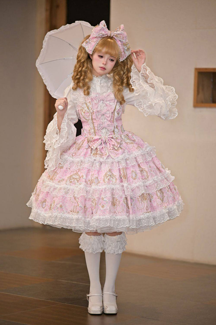 Pink [Candelabrum Elegy] Sleeveless Triple-Layered Flower Wall Printed Ruffled Bow Lace Sweet Lolita Jsk Dress - Product - 5