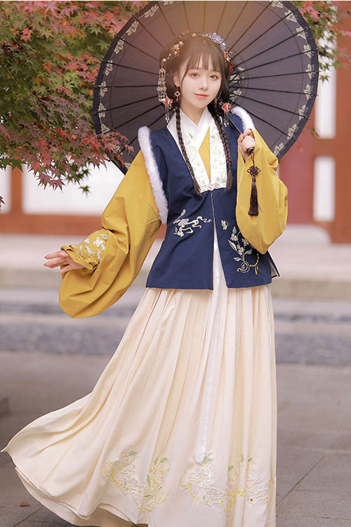 Chinese Ancient Style Collocation Waistcoat Sweet Hanfu Dress - Blue/Yellow - 6