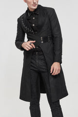 Black Punk Twill Imitation Leather Metal Pin Decoration Drawstring Design Long Men's Coat - Black - 1