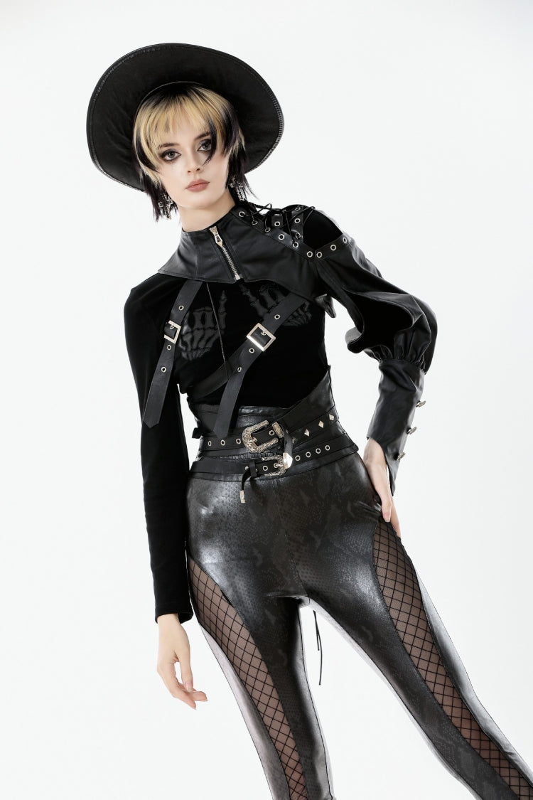 Black Cut-Out Asymmetric Buckled Zippered Women's Punk Cape - Product - 6