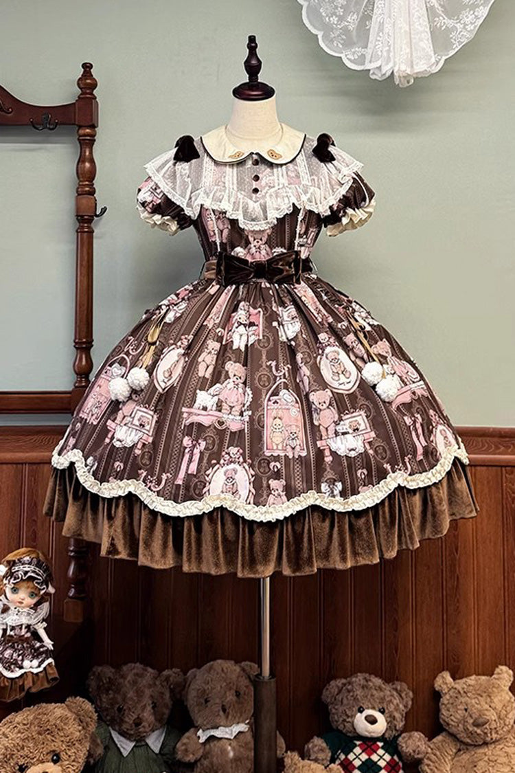 Brown Bear Doll Wall Print Short Sleeves Ruffle Embroidery Bowknot Sweet Lolita Dress - Product - 3