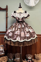 Brown Bear Doll Wall Print Short Sleeves Ruffle Embroidery Bowknot Sweet Lolita Dress - Product - 3