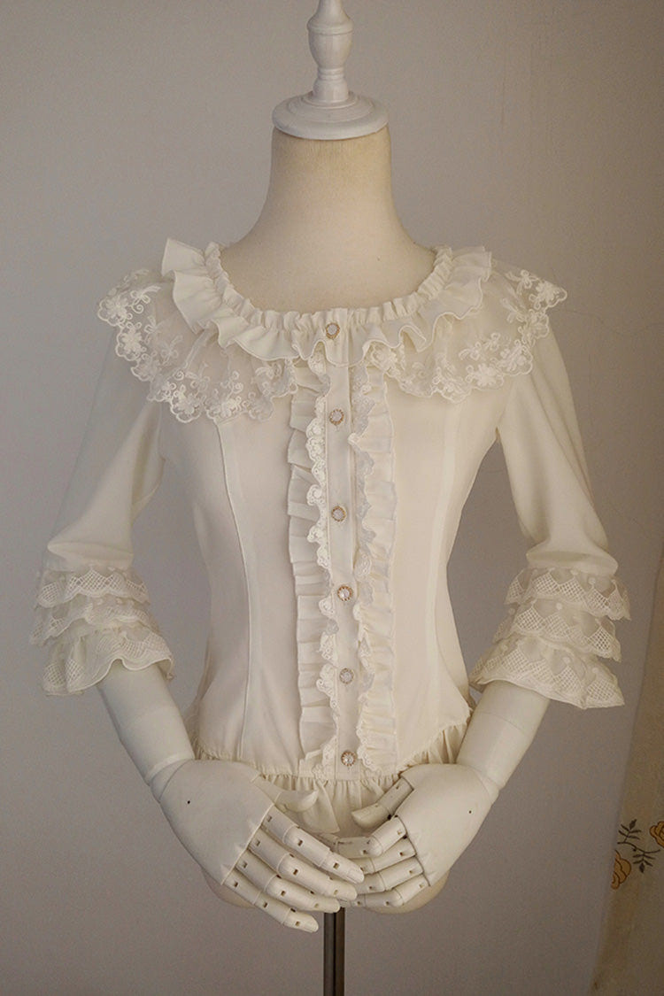 White Half Hime Sleeves Ruffle Lace Sweet Chiffon Princess Lolita Blouse - White - 1