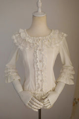 White Half Hime Sleeves Ruffle Lace Sweet Chiffon Princess Lolita Blouse - White - 1