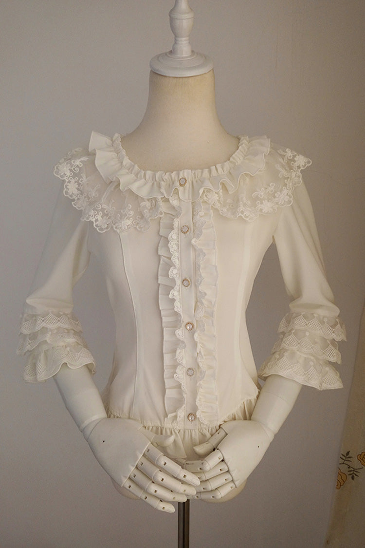 White Half Hime Sleeves Ruffle Lace Sweet Chiffon Princess Lolita Blouse - White - 1