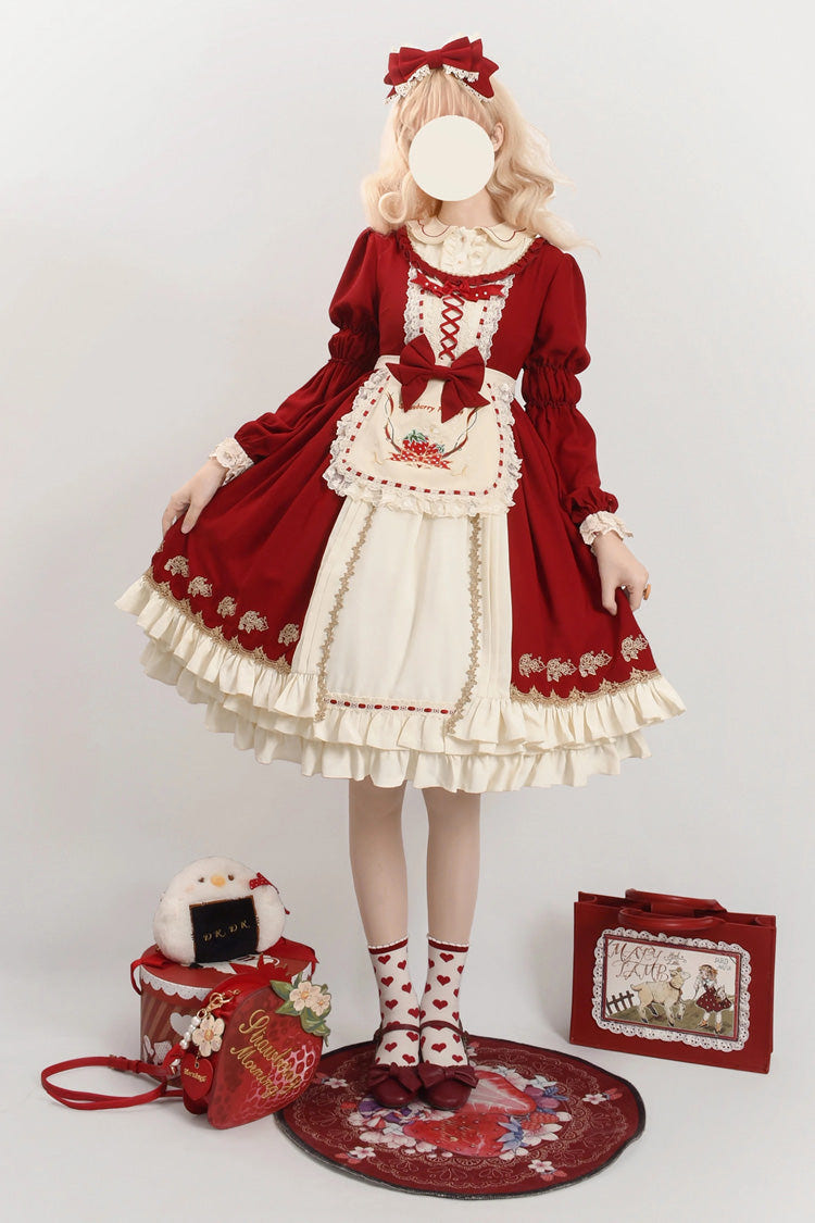 レッド栃木ガール二層フリル刺繍カーディガンスウィートロリータワンピースフルセット 商品画像