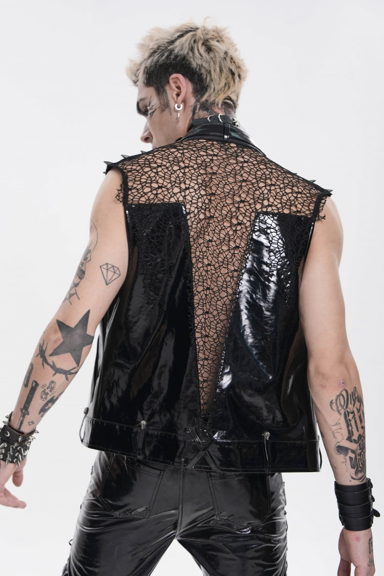 Black Spliced Mesh Studded Buckled Zippered Chain-Decorated Eyelet Men's Punk Cool Vest - Product - 5