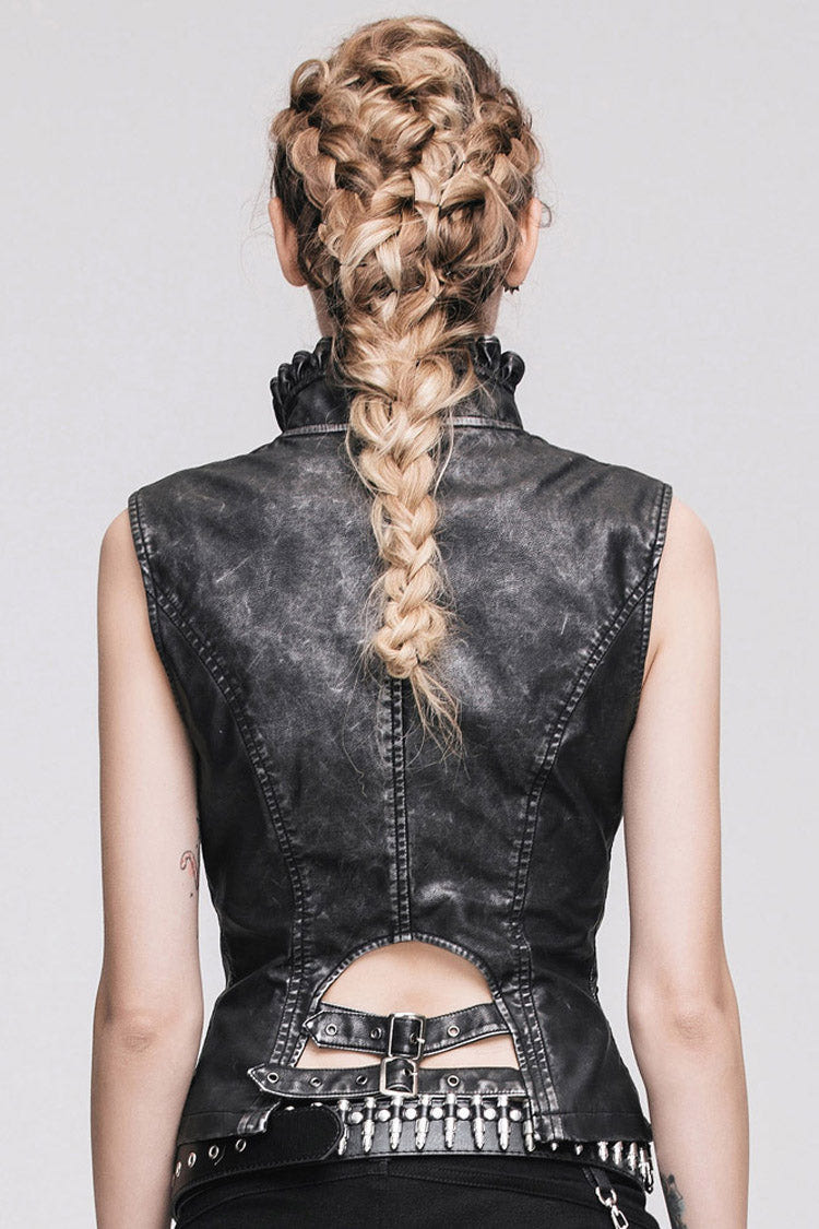 Black/Silver Big Opening Chest Wave Collar Hand Rubbed Leather Women's Punk Vest - Product - 8