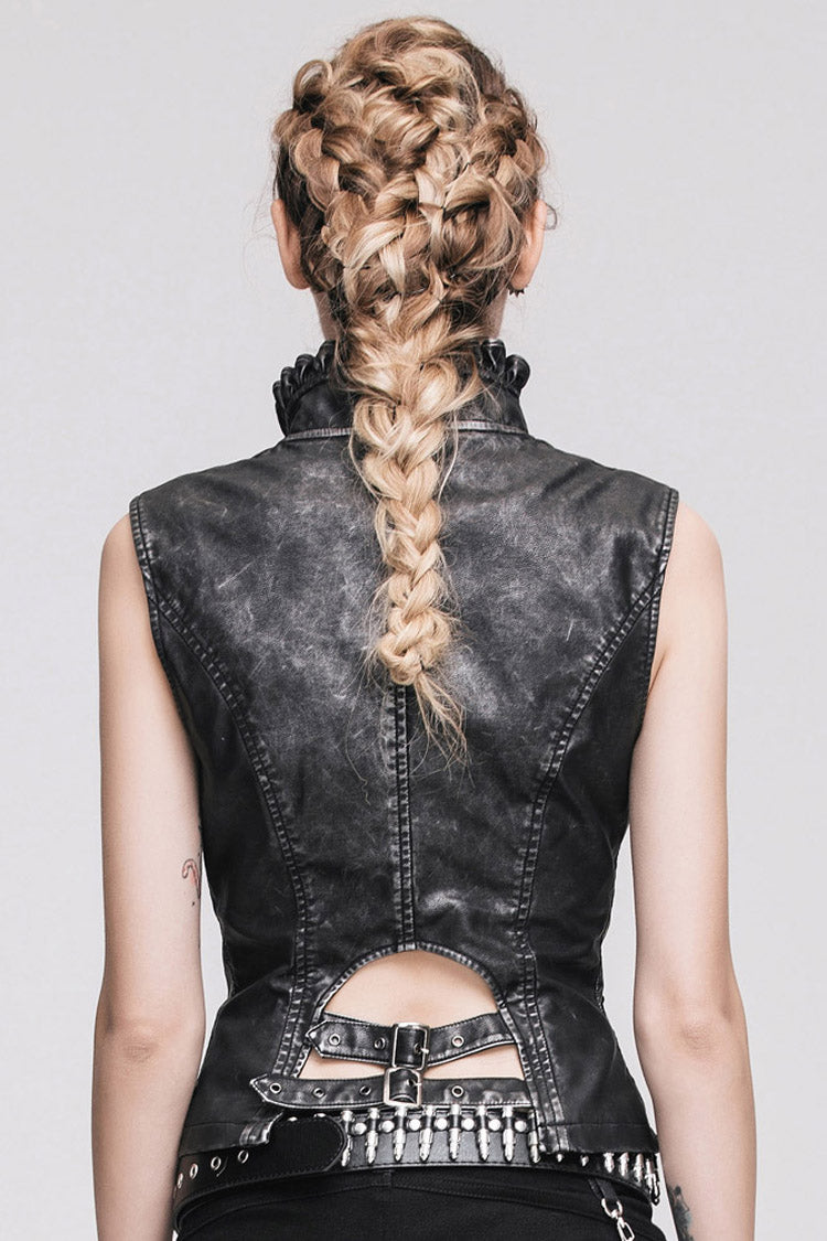 Black/Silver Big Opening Chest Wave Collar Hand Rubbed Leather Women's Punk Vest - Product - 8