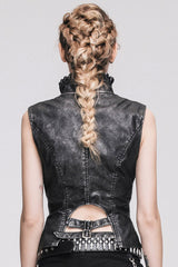 Black/Silver Big Opening Chest Wave Collar Hand Rubbed Leather Women's Punk Vest - Product - 8