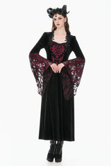 Black/Red Square Collar Long Flare Puff Sleeves Lace Women's Gothic Victorian Velvet Long Dress - Product - 7
