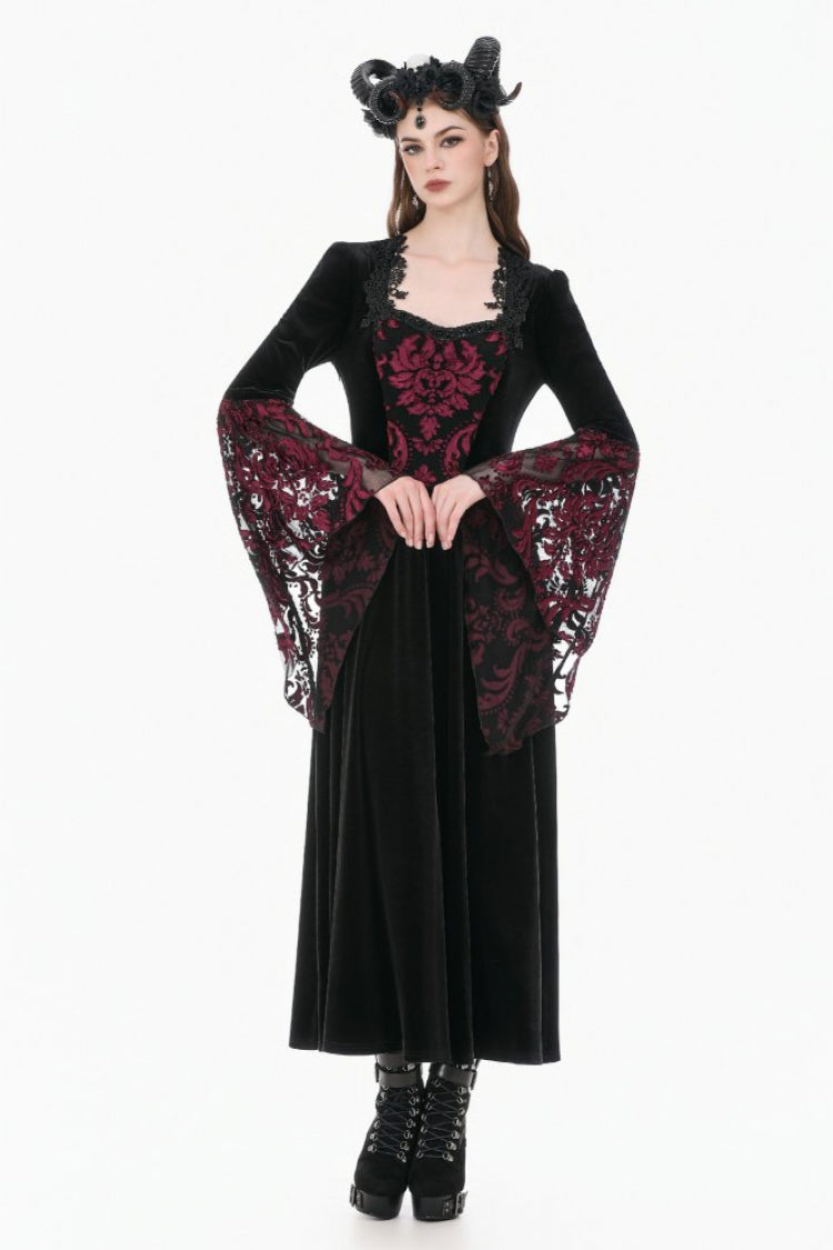 Black/Red Square Collar Long Flare Puff Sleeves Lace Women's Gothic Victorian Velvet Long Dress - Product - 7