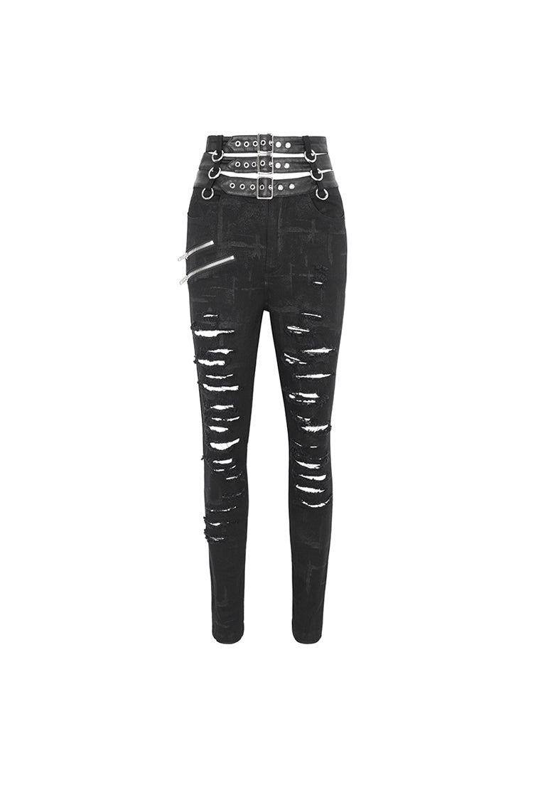 Black High Waisted Loophole Ripped Buckle Women's Punk Pants - Product - 7