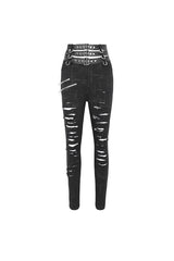 Black High Waisted Loophole Ripped Buckle Women's Punk Pants - Product - 7