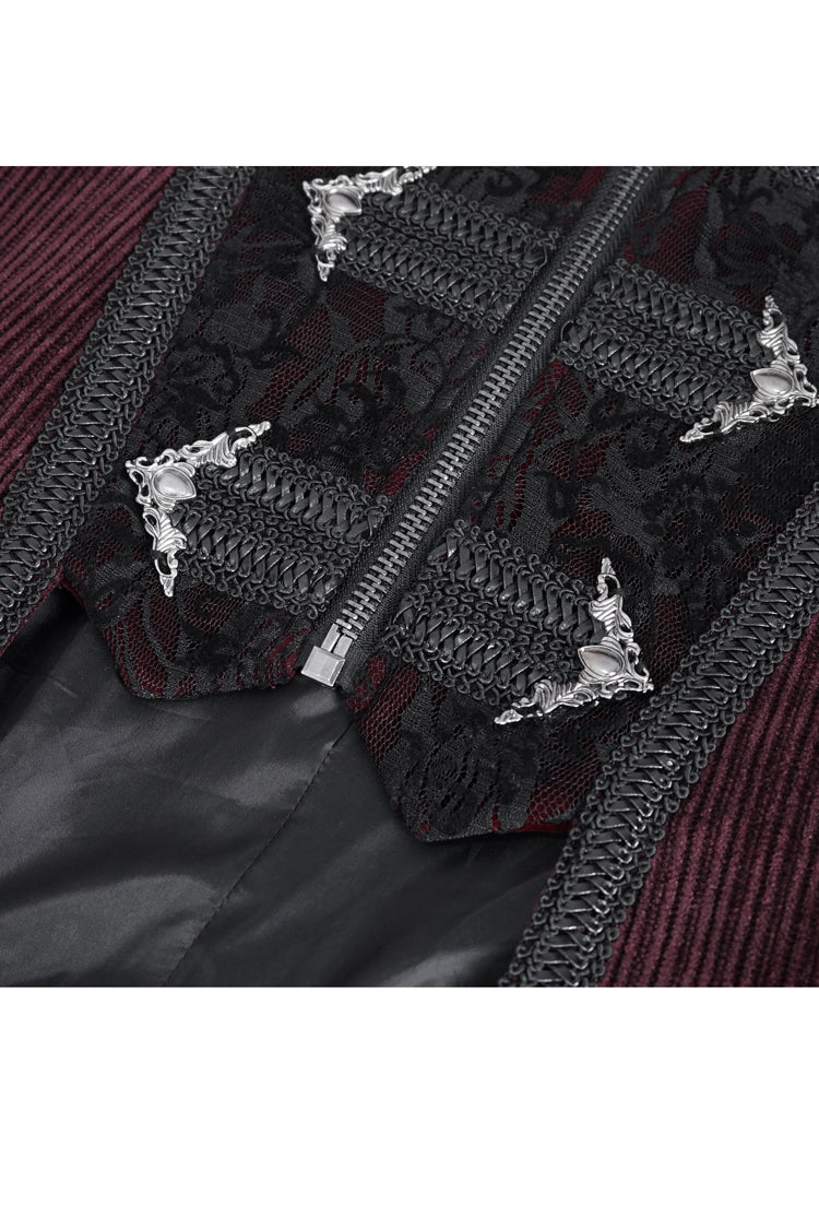 Red Stand Collar Long Sleeves Embroidery Slim Men's Gothic Coat - Product - 9