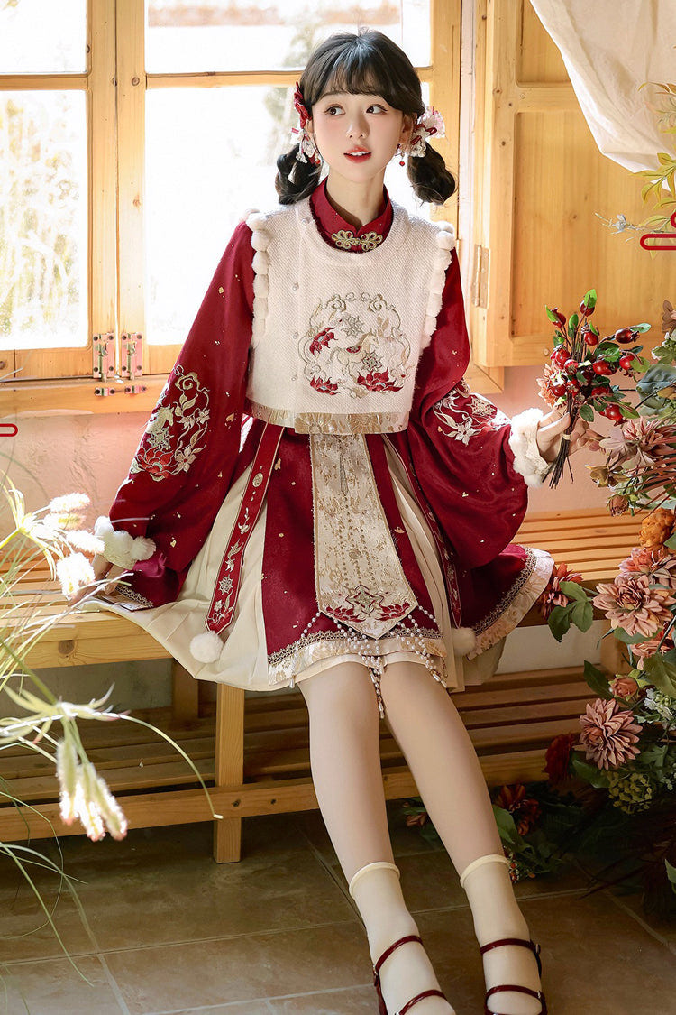Red [The Horse of the New Spring] Stand Collar Lantern Sleeves High Waisted Jacquard Embroidered Women's Sweet Hanfu Dress Set - Product - 5
