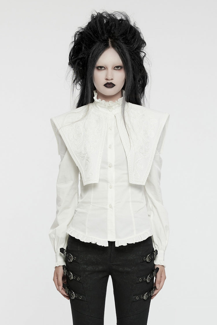 White Stand Collar Ruffle Lace-Up Women's Gothic Blouse - White - 1