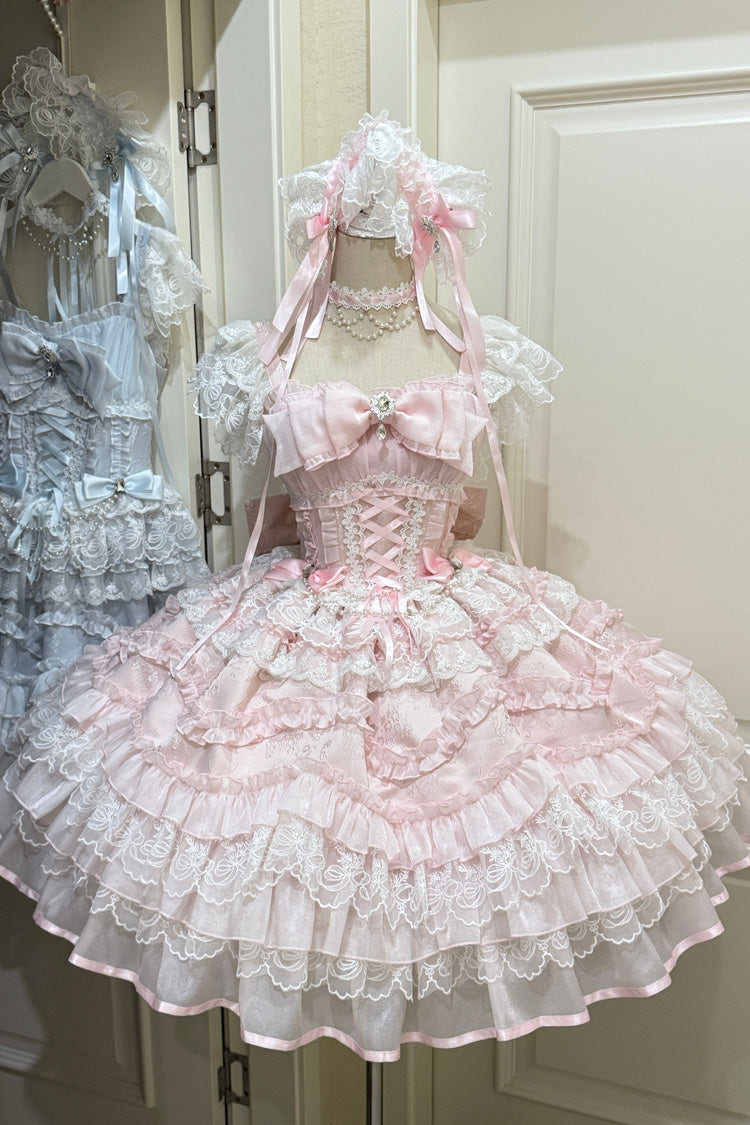 ピンク [Eternal Vow] ノースリーブ ティアード フリル 花嫁風 リボン レース レースアップ スウィートロリータ ジャンパースカート（JSK） 商品画像