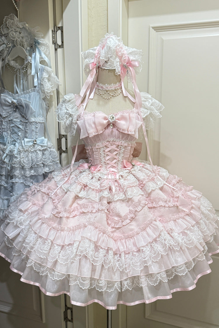 Pink [Eternal Vow] Sleeveless Multi-Layered Ruffle Hanayome Bowknot Lace Lace-Up Sweet Lolita Jsk Dress - Pink - 1