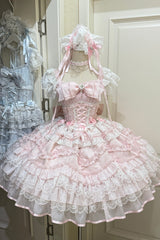 Pink [Eternal Vow] Sleeveless Multi-Layered Ruffle Hanayome Bowknot Lace Lace-Up Sweet Lolita Jsk Dress - Pink - 1