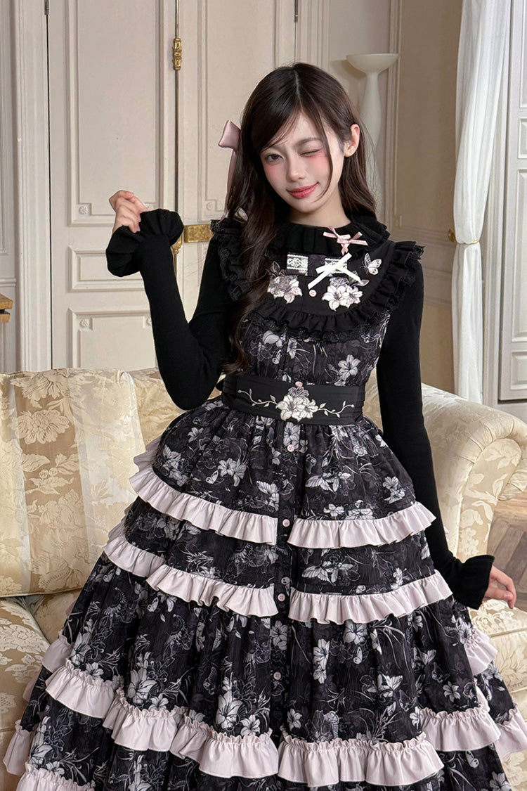 Black [Sacred Heart Lily] Round Collar Sleeveless Multi-Layered Printed Ruffled Embroidered Sweet Chinese Inspired Lolita Jumper Dress - Product - 3