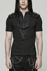 Black Short Sleeves Mesh Bubble Buckle Zipper Mens Steampunk T-Shirt - Black - 1