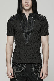 Black Short Sleeves Mesh Bubble Buckle Zipper Mens Steampunk T-Shirt - Black - 1