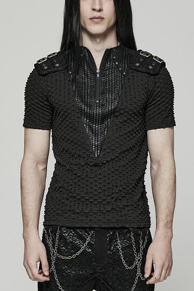Black Short Sleeves Mesh Bubble Buckle Zipper Mens Steampunk T-Shirt - Black - 1