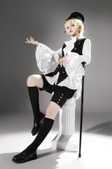 Black [Ash] Lapel Collar Long Sleeves Ruffled Bow Classic Vintage Elegant Prince Ouji Lolita Blouse Shorts Vest Set - Product - 9