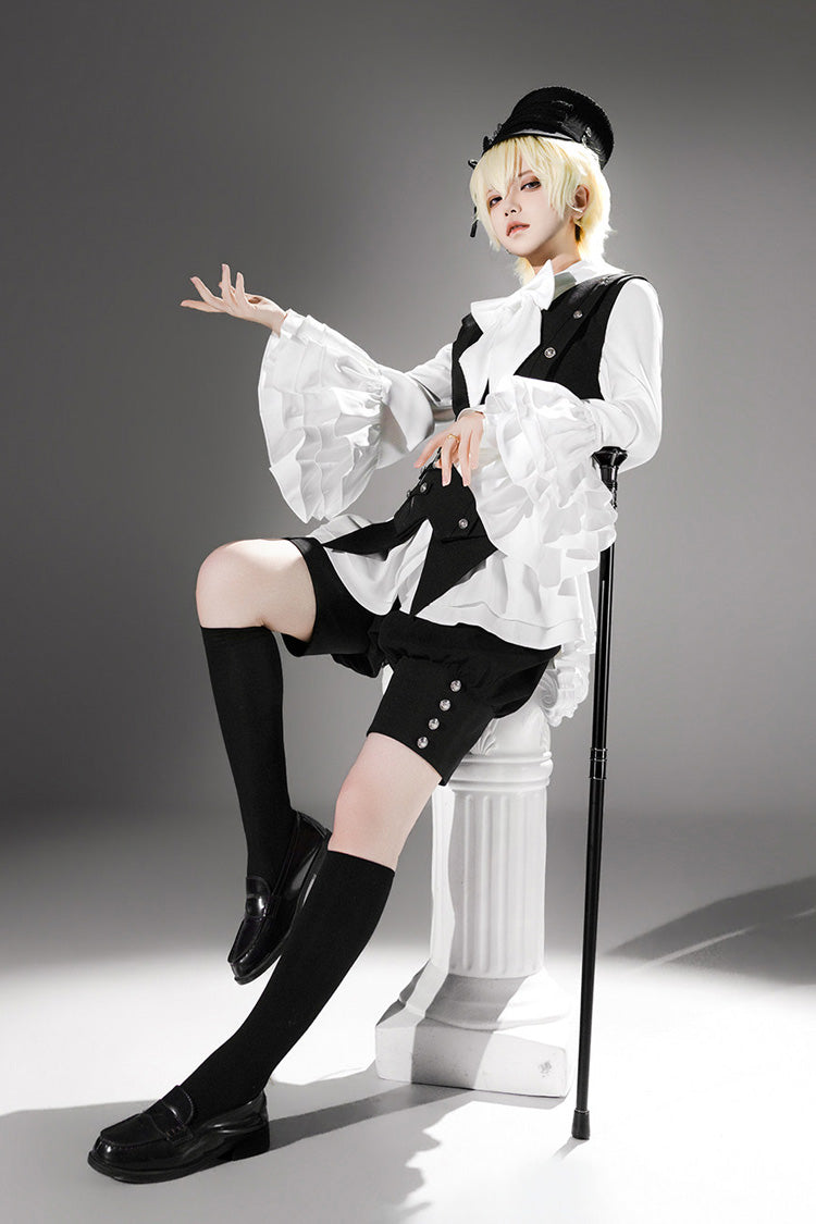 Black [Ash] Lapel Collar Long Sleeves Ruffled Bow Classic Vintage Elegant Prince Ouji Lolita Blouse Shorts Vest Set - Product - 9