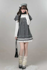 Grey Square Collar Long Sleeves Polka Dot Printed Ruffled Sweet Lolita Dress - Grey - 1