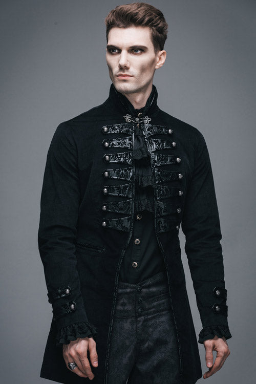 Black Fake Two Pieces Embroidered Turn Down Collar Long Sleeves Velvet Mens Gothic Coat - Product - 2