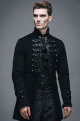 Black Fake Two Pieces Embroidered Turn Down Collar Long Sleeves Velvet Mens Gothic Coat - Product - 2