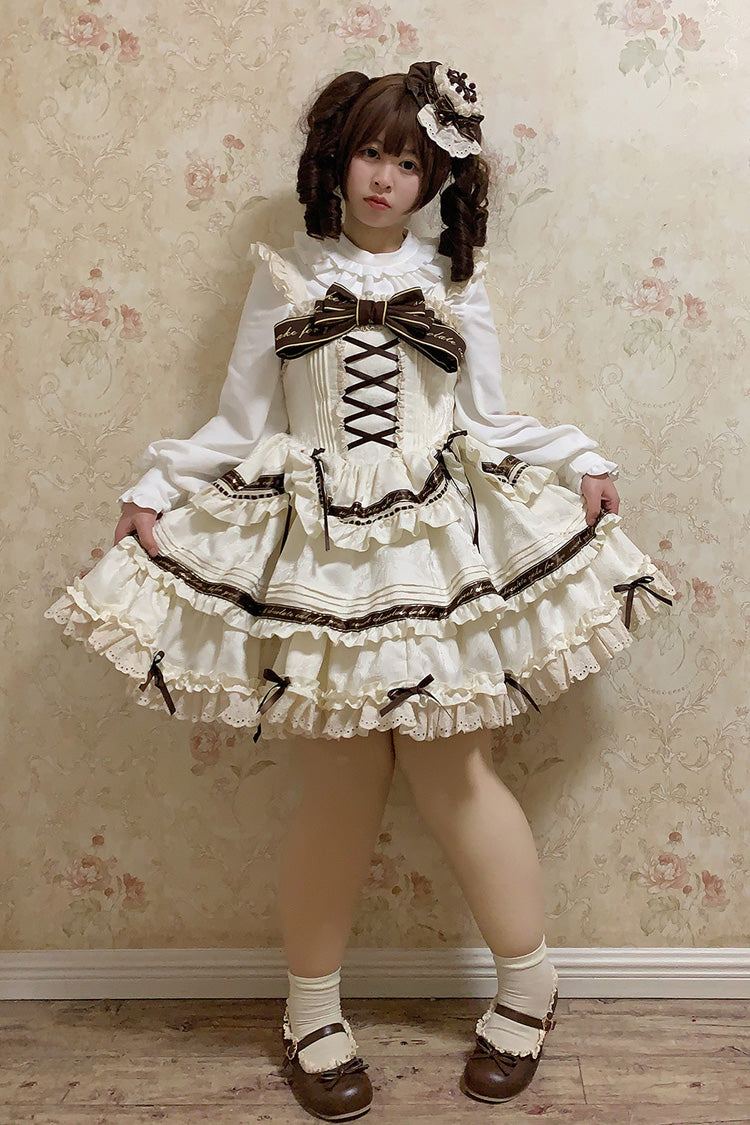 Ivory Chocolate Sleeveless Double-Layered Ruffle Bowknot Sweet Plus Size Lolita Jsk Dress - Product - 5
