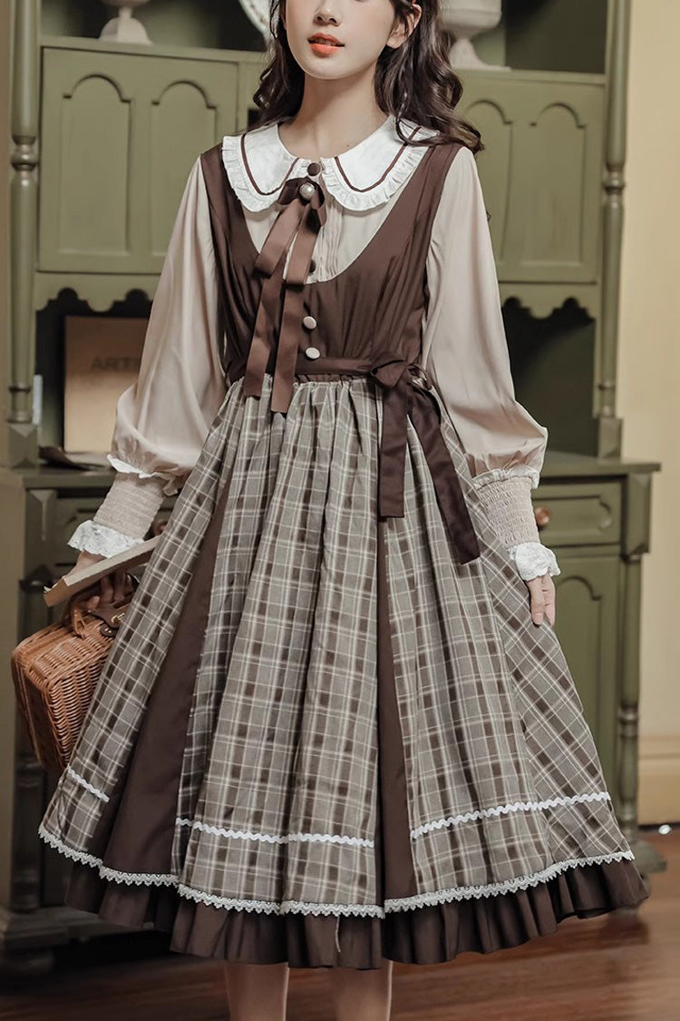 White/Brown Campus Style Doll Collar Lantern Sleeves Plaid Sweet Lolita OP Dress - White/Brown - 1